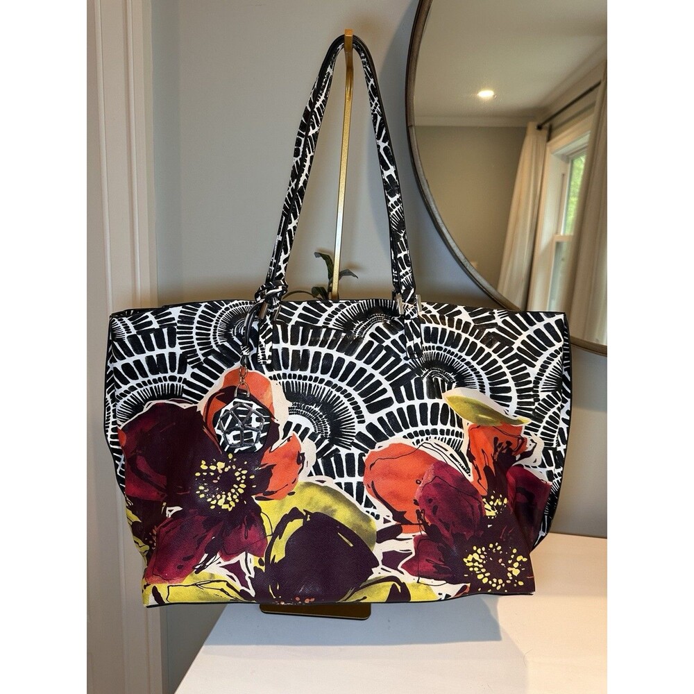 Trina Turk Black White Floral Abstract Saffiano Large Tote Shoulder Bag Purse
